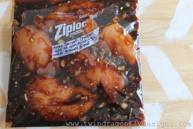 Freezer bag with ingredients for honey teriyaki chicken.