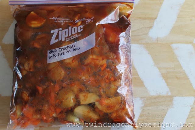 Freezer bag with ingredients for BBQ chicken.