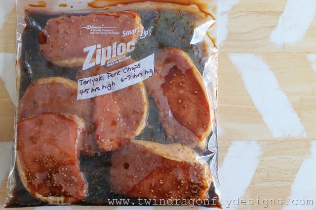 Freezer bag with ingredients for teriyaki pork chops.