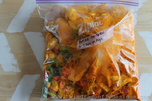 Freezer bag with ingredients for butter chicken.