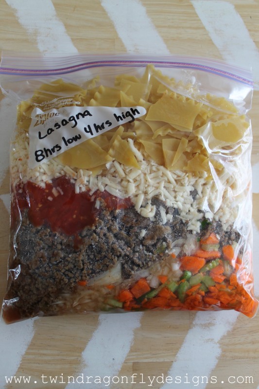 Freezer bag with ingredients for lasagna.