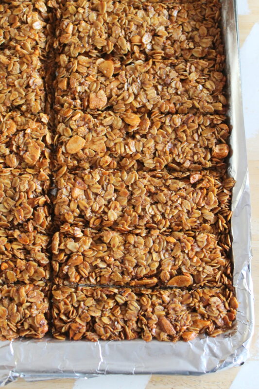 A close-up showing the crunchy granola bar recipe texture.