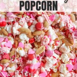 A colorful mix of Valentines Day-themed popcorn featuring pink, red, and white candy coatings, heart-shaped sprinkles, peanuts, pretzels, and hints of chocolate coconut. Text overlay reads Valentines Day Popcorn.