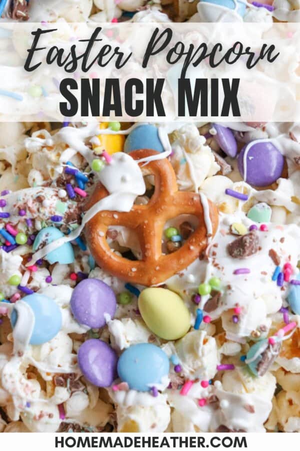 Close-up of a colorful Easter popcorn snack mix, featuring popcorn, pastel chocolate candies, pretzels, and sprinkles, with hints of chocolate coconut date bars. A text overlay reads Easter Popcorn Snack Mix.