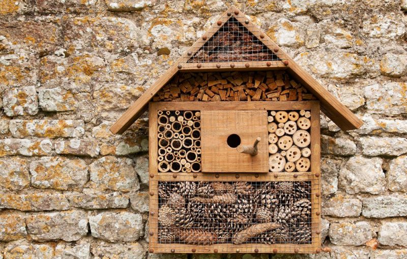 Bee House made of wood and hallow tubes with bricks in the background.