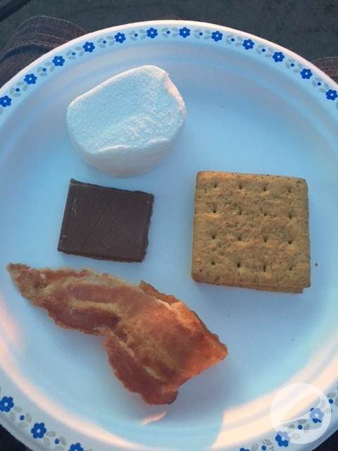 A marshmallow, two graham crackers, a piece of chocolate and a slice of cooked bacon on a paper plate.