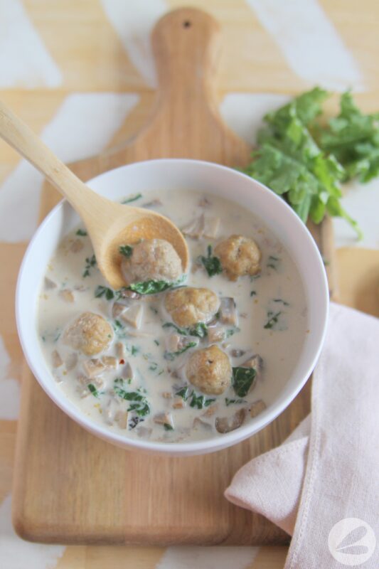 Creamy Kale, Mushroom & Turkey Meatball Soup