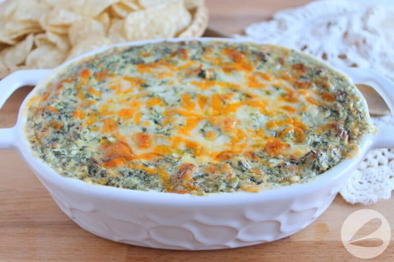 Baked spinach dip in a baking dish.