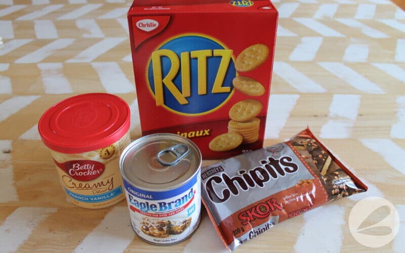 Ingredients needed to make the white trash skor bar recipe on a table.