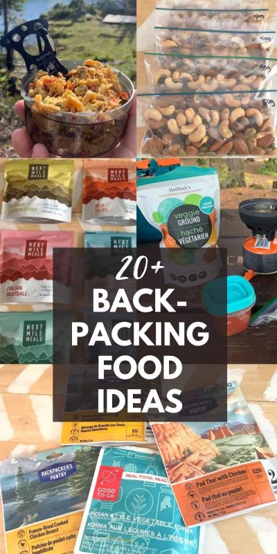 Backpacking foods packaged on a table with text overlay.