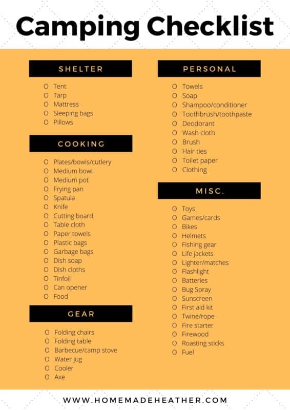 Camping checklist printable in orange.