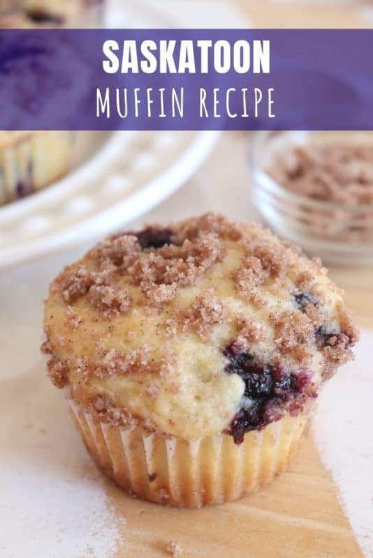 A close up of a saskatoon berry muffin.