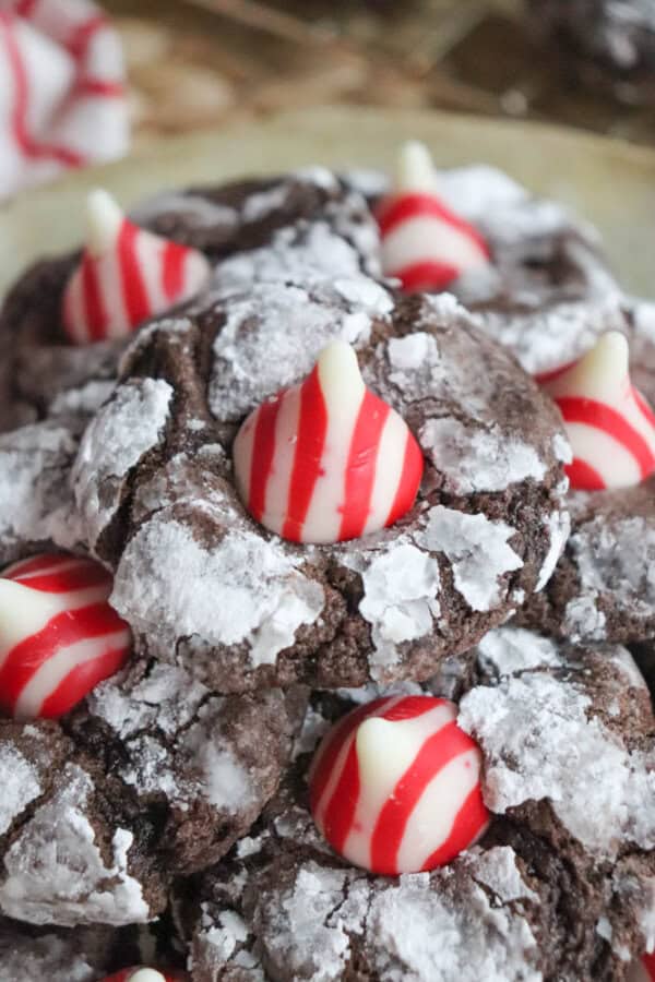 Close-up of chocolate crinkle cookies topped with red and white striped candy kisses, resembling festive candy cane treats. The cookies are dusted with powdered sugar, creating an inviting appearance reminiscent of a holiday brownie blossom.