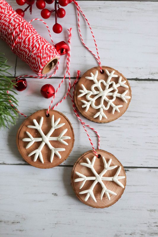 clay snowflake wood slice ornament