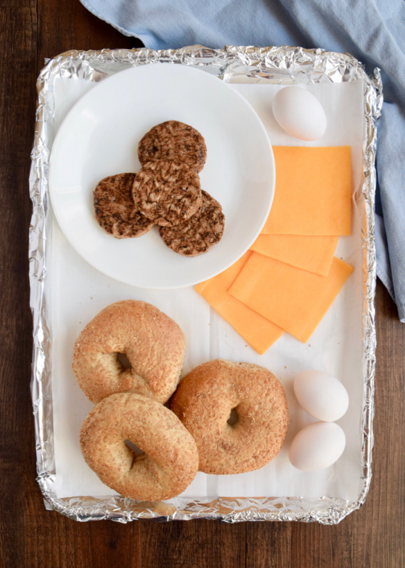 Ingredients for make ahead breakfast sandwiches on a baking sheet.