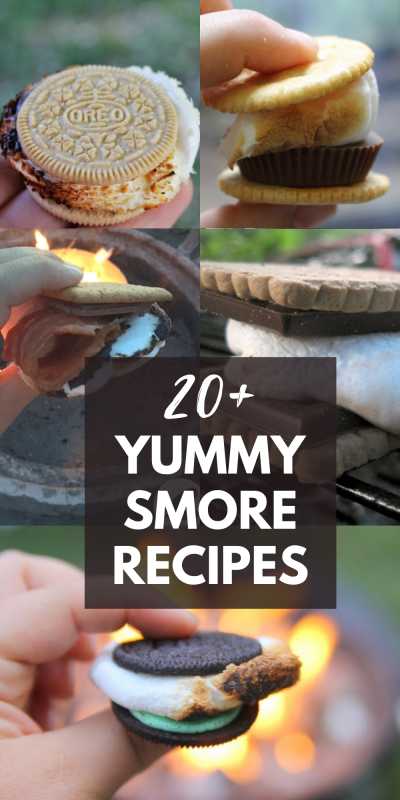 A variety of smore recipes near the campfire with a text overlay.
