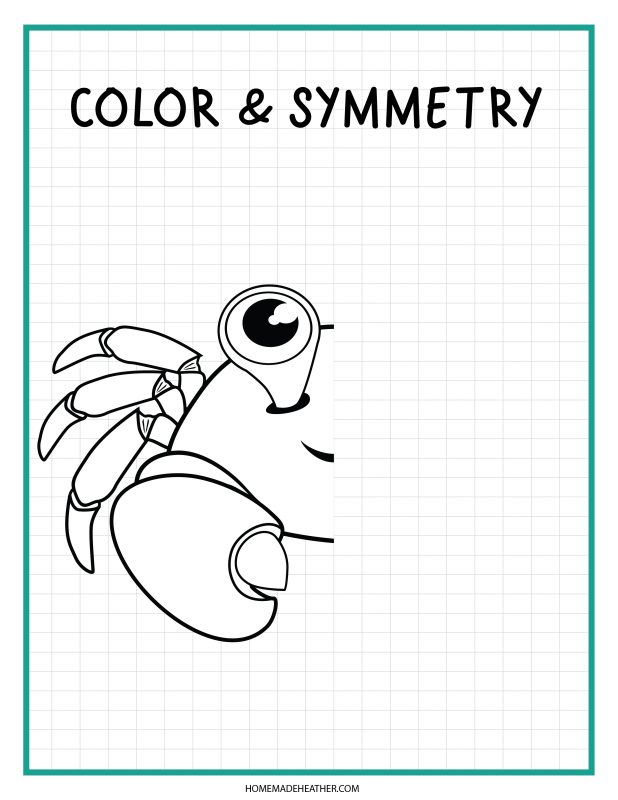 beach activity set Crab color and symmetry beach activity printable.