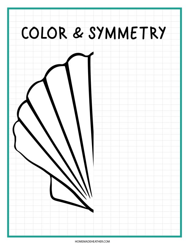 beach activity set Shell color and symmetry activity printable.
