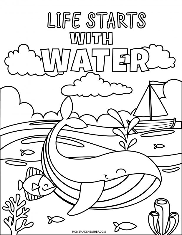 A life starts with water coloring page with sea creatures.