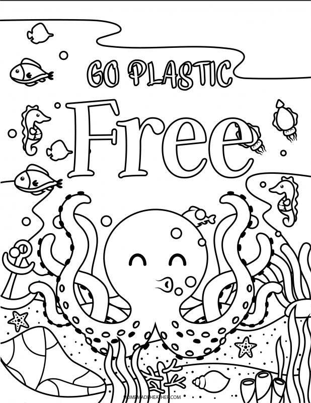 beach activity set Go plastic free printable coloring page.