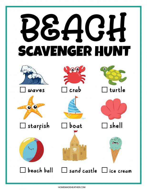 Beach scavenger hunt printable activity page.