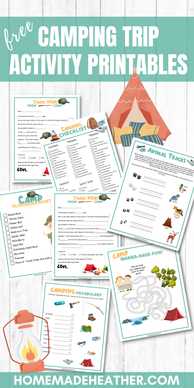 Camping activity printables flat lay with text overlay.