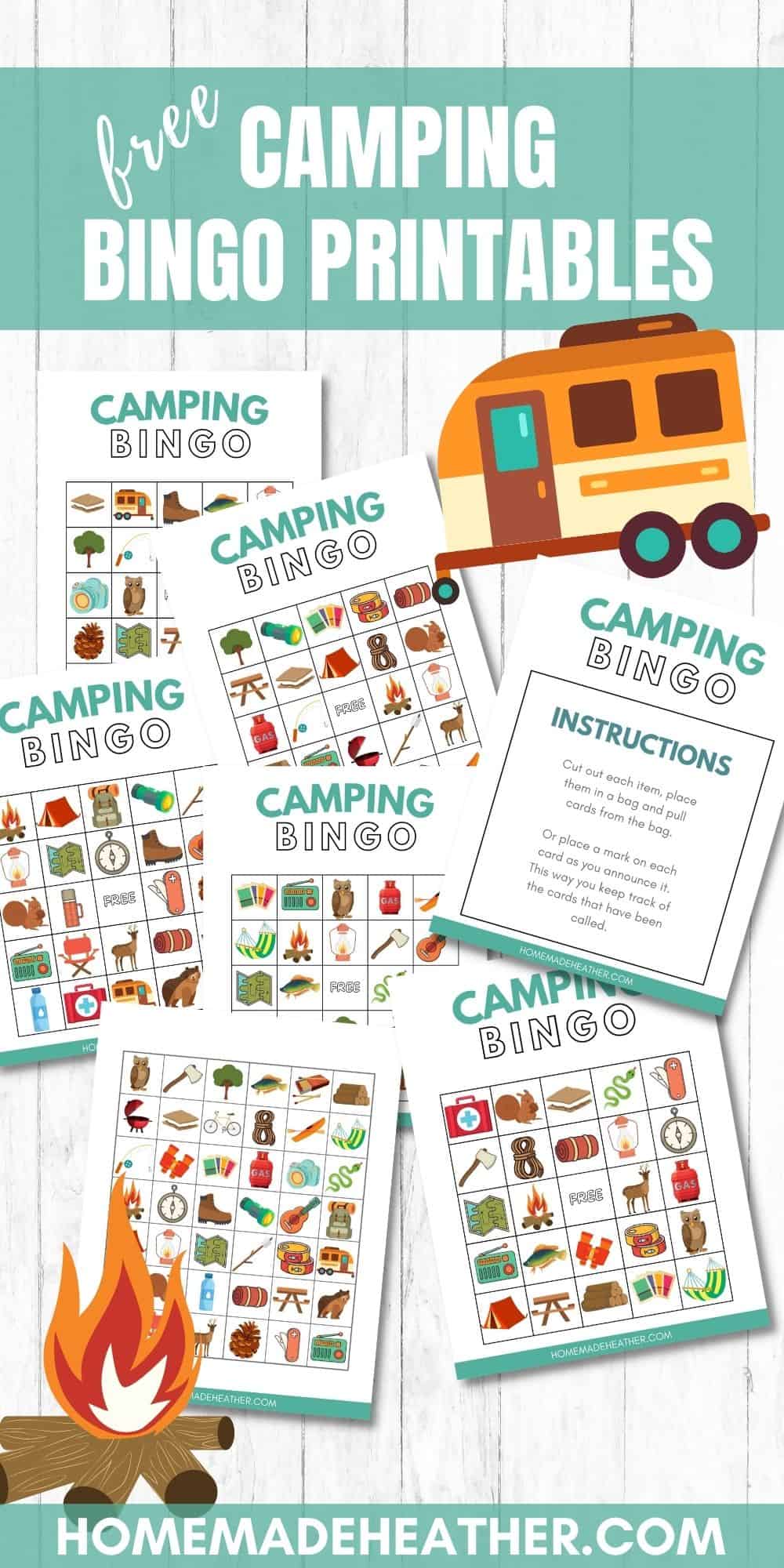 A collage of camping bingo printables showcases outdoor-themed images such as tents, trees, and campfires. At the top sits a cartoon RV. The text announces, "Free Camping Bingo Printables." Visit homemadeheather.com for your adventure game today!