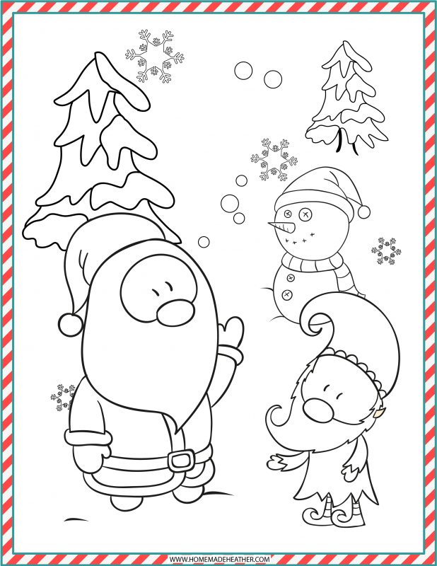 Christmas coloring page with a Santa, elf, and snowman.
