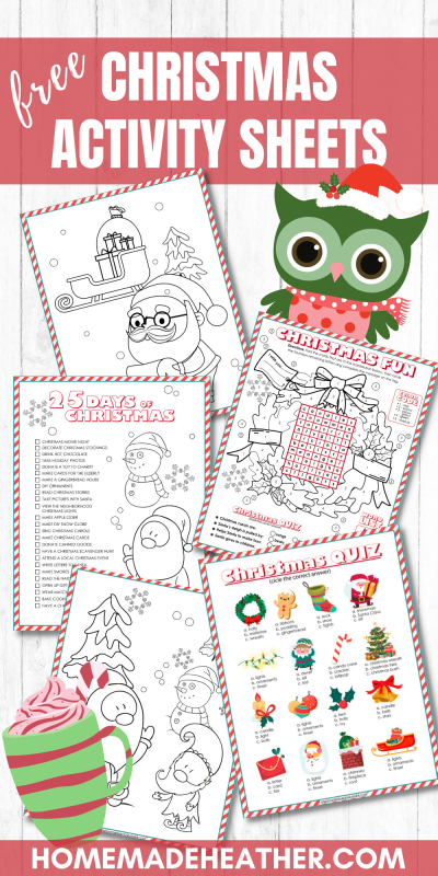 Christmas printable activity sheets with a Christmas quiz, countdown, and coloring pages.
