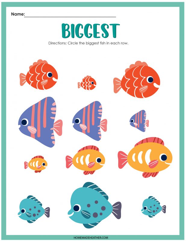 Circle the largest fish activity printables.