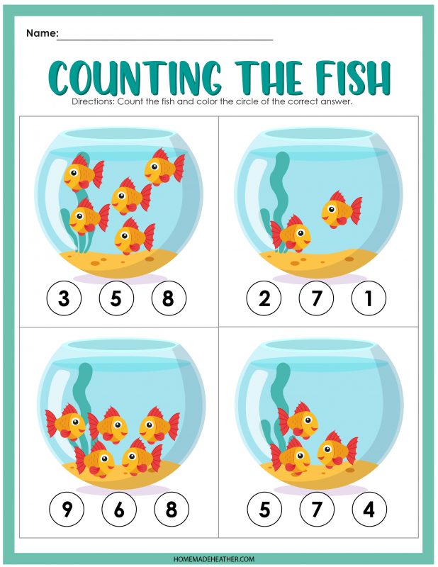 Count the number of fish in the bowls printable activities.