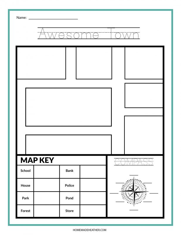 Draw and label areas found in a town such as a school, pond, forest, and park map printables.