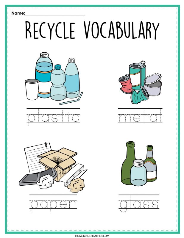 beach activity set Recycling activity printable, trace plastic, metal, paper, and plastic.