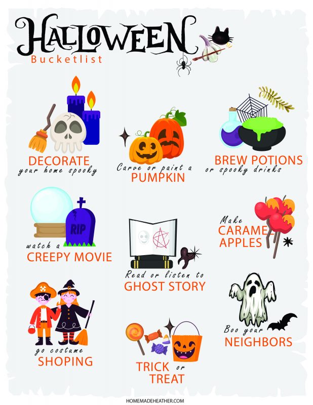 Halloween activity bucket list printable.