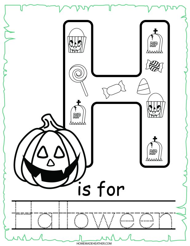 H is for Halloween trace and color activity printable.