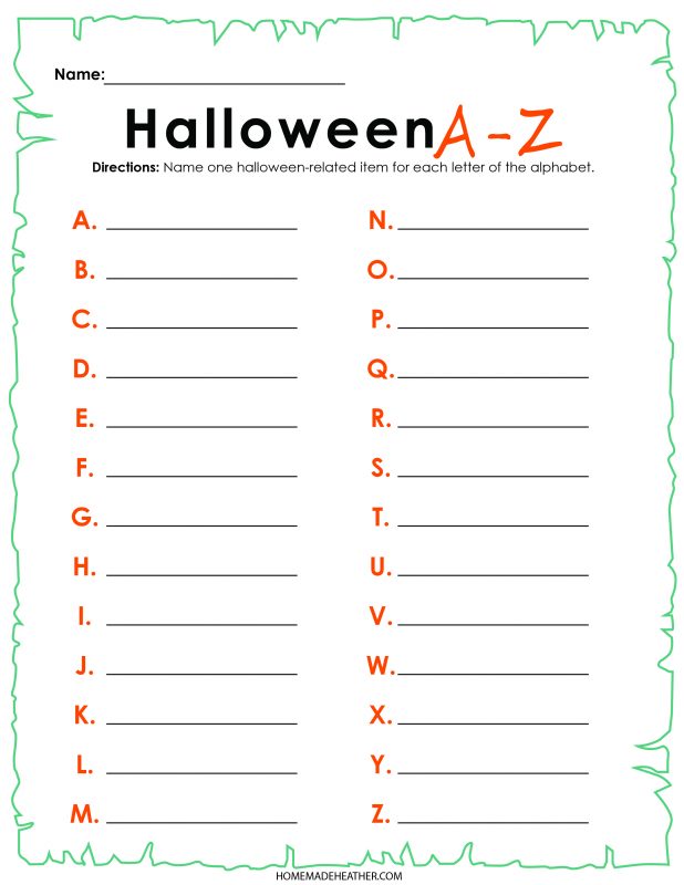 A to Z activity printable sheets with space to write a Halloween themed word for each letter.