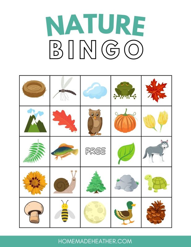 Nature themed printable bingo card.
