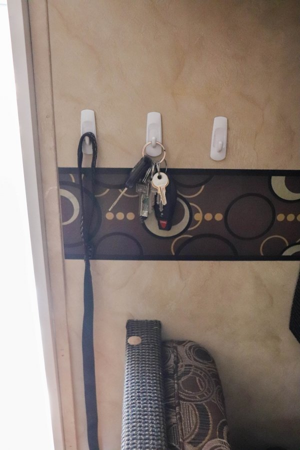 3M hooks in a trailer used to hang keys and dog leash.