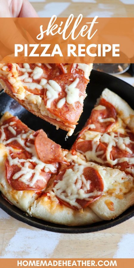 A slice of pepperoni pizza being held in a hand with a skillet full of pizza in the background with text overlay.