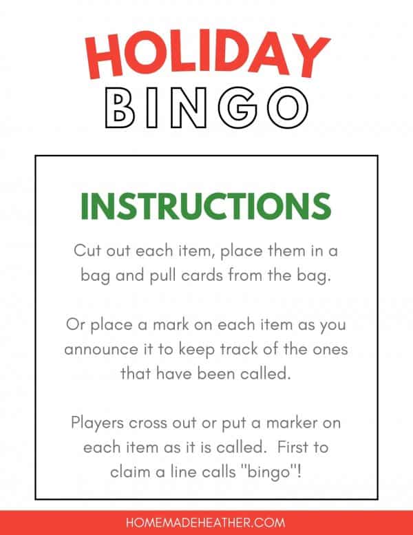 Printable holiday bingo instructions.