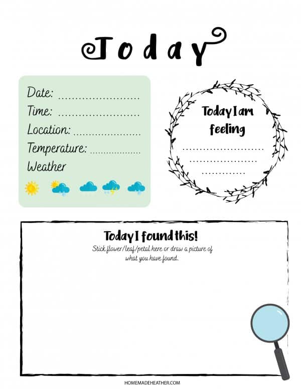 Free nature journal printable with space to write the date, time, and weather, and draw a picture of what was found.