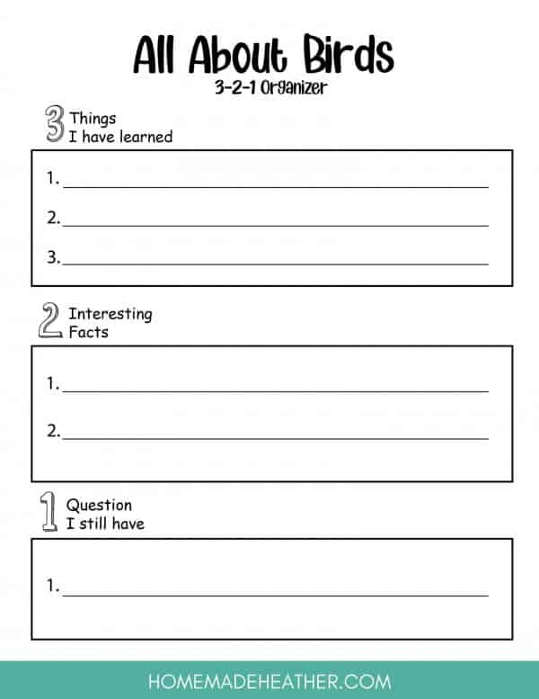 A printable with space to write 3 things learned, 2 interesting facts, and 1 question remaining.