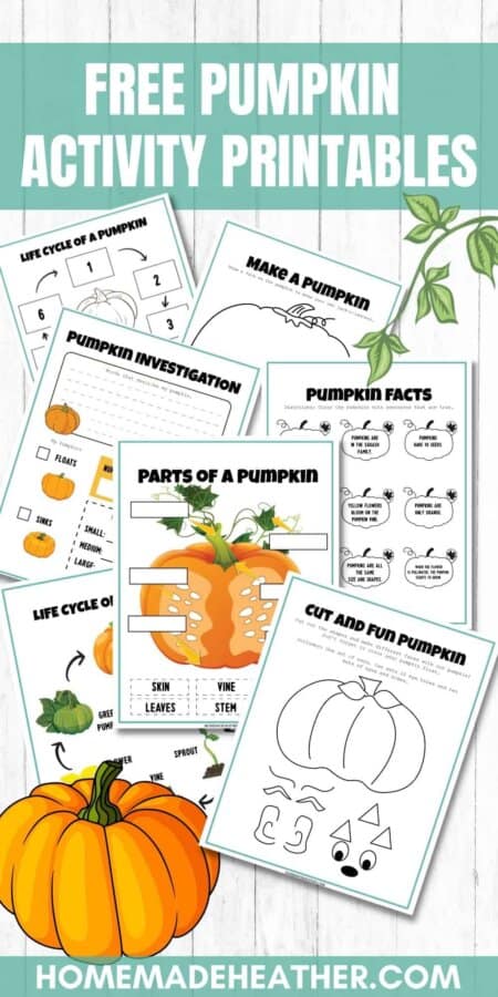 Free Pumpkin Activity Printables on a flat lay with text overlay.