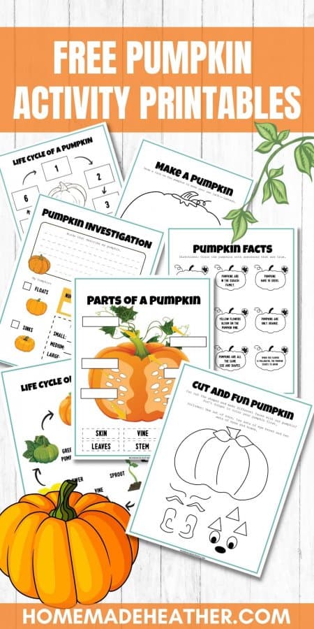 Free Pumpkin Activity Printables on a flat lay with text overlay.