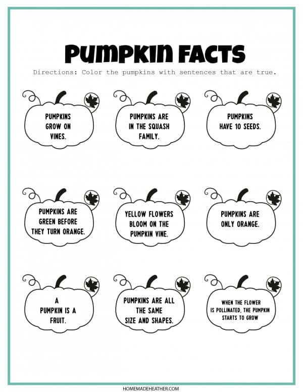Pumpkin facts printable with blue frame outline.