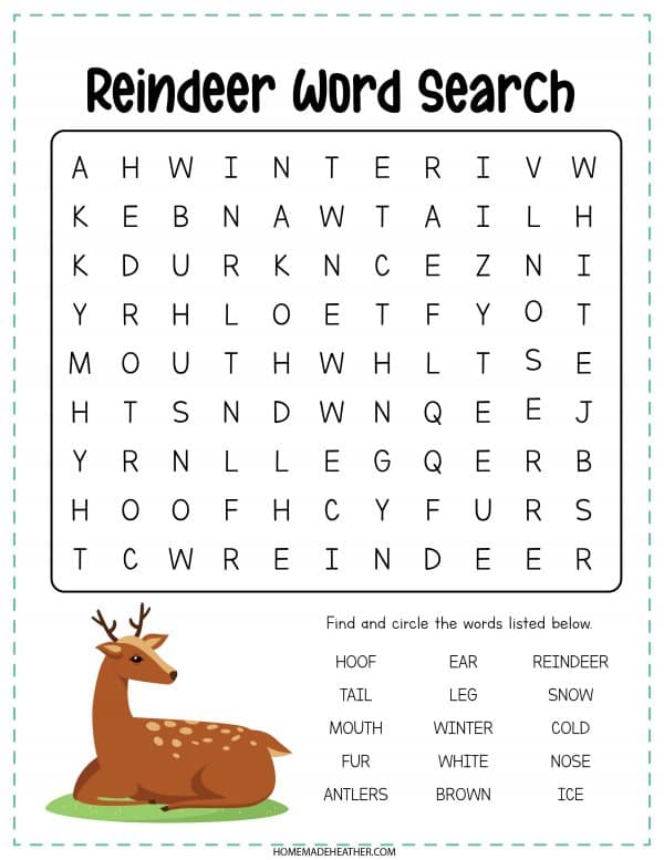 Reindeer Word Search Printable in black and white.