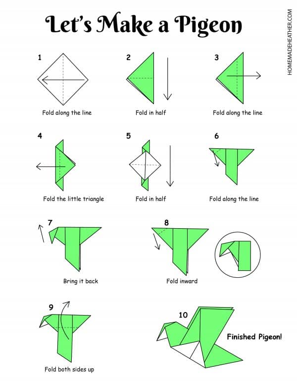 Origami pigeon printable design and instructions.