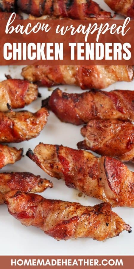 Chicken tenders wrapped in bacon.