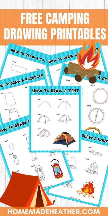 Free Drawing Camping Printables flat lay with text overlay.