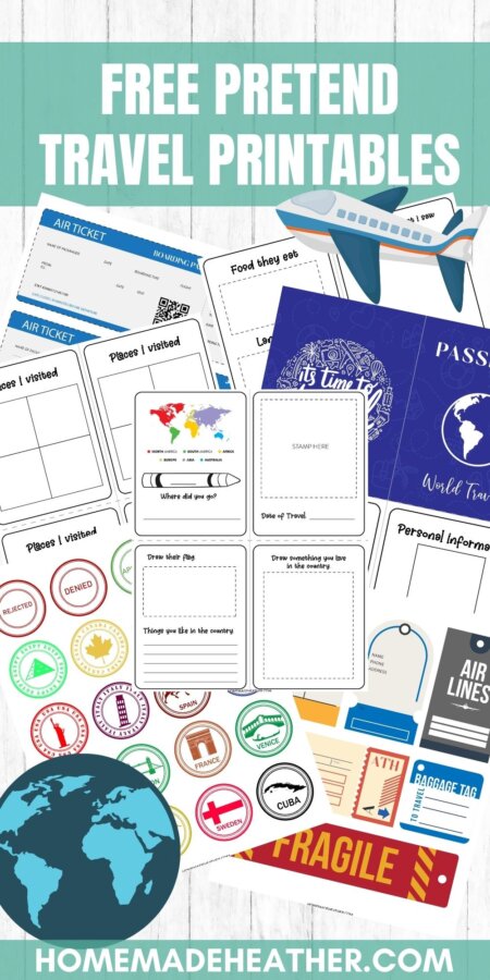 Pretend to travel with passport, food I ate, places I visited, and boarding pass free printables.